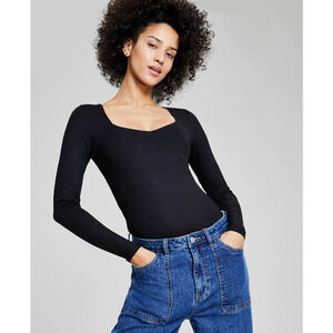 And Now This Women's XL Black Double-Layered Ribbed Sweetheart-Neck Bodysuit NWT